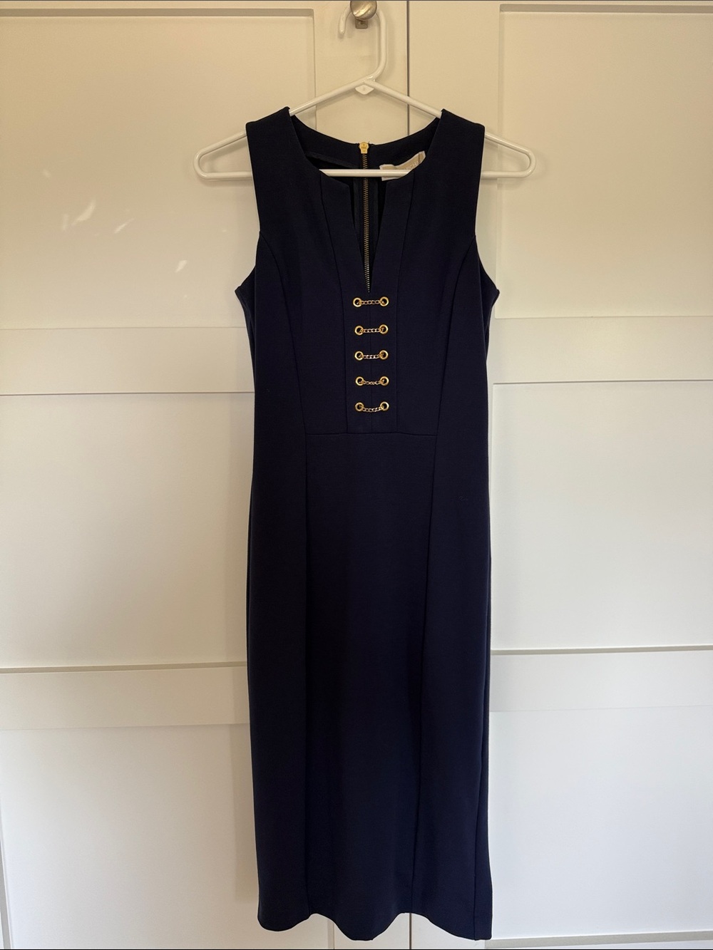 MICHAEL Michael Kors Navy Midi Sheath Dress with Gold Hardware